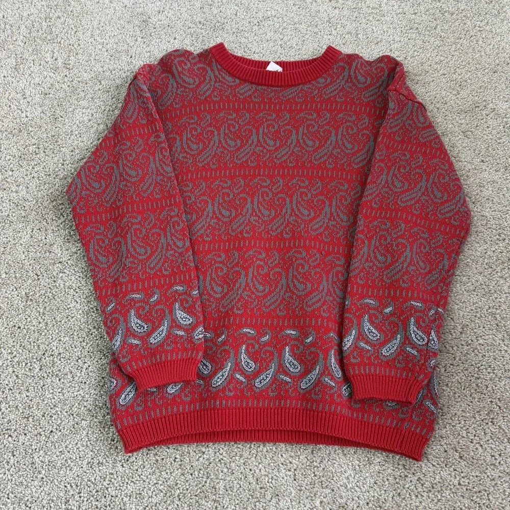 Vintage IZOD Sweater Mens Small Red Paisley Cotton Knit Crewneck Pullover Casual